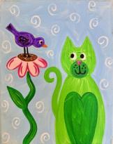 The image for Cat and Bird in the funky garden! Comes with voucher to come again for FREE!