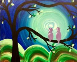 The image for Cute birds on a branch in the moonlight!